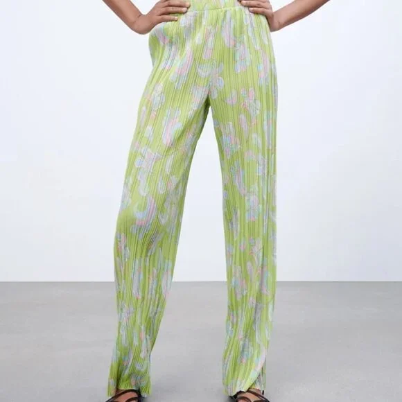Zara Lime Green Pleated Wide Leg Pant m - Picture 1 of 13